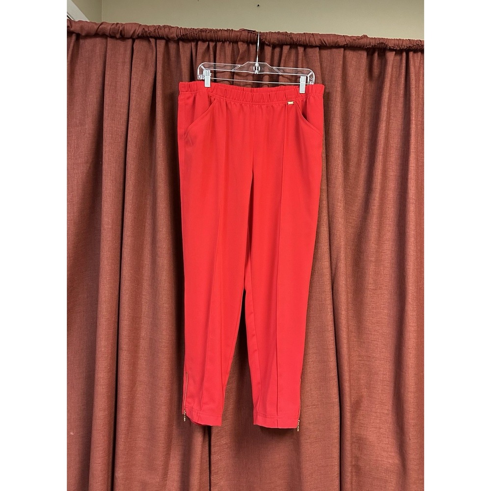 St John Red Polyester Pants Wide Leg Zip Dress Trousers Red Pull-On Size Large